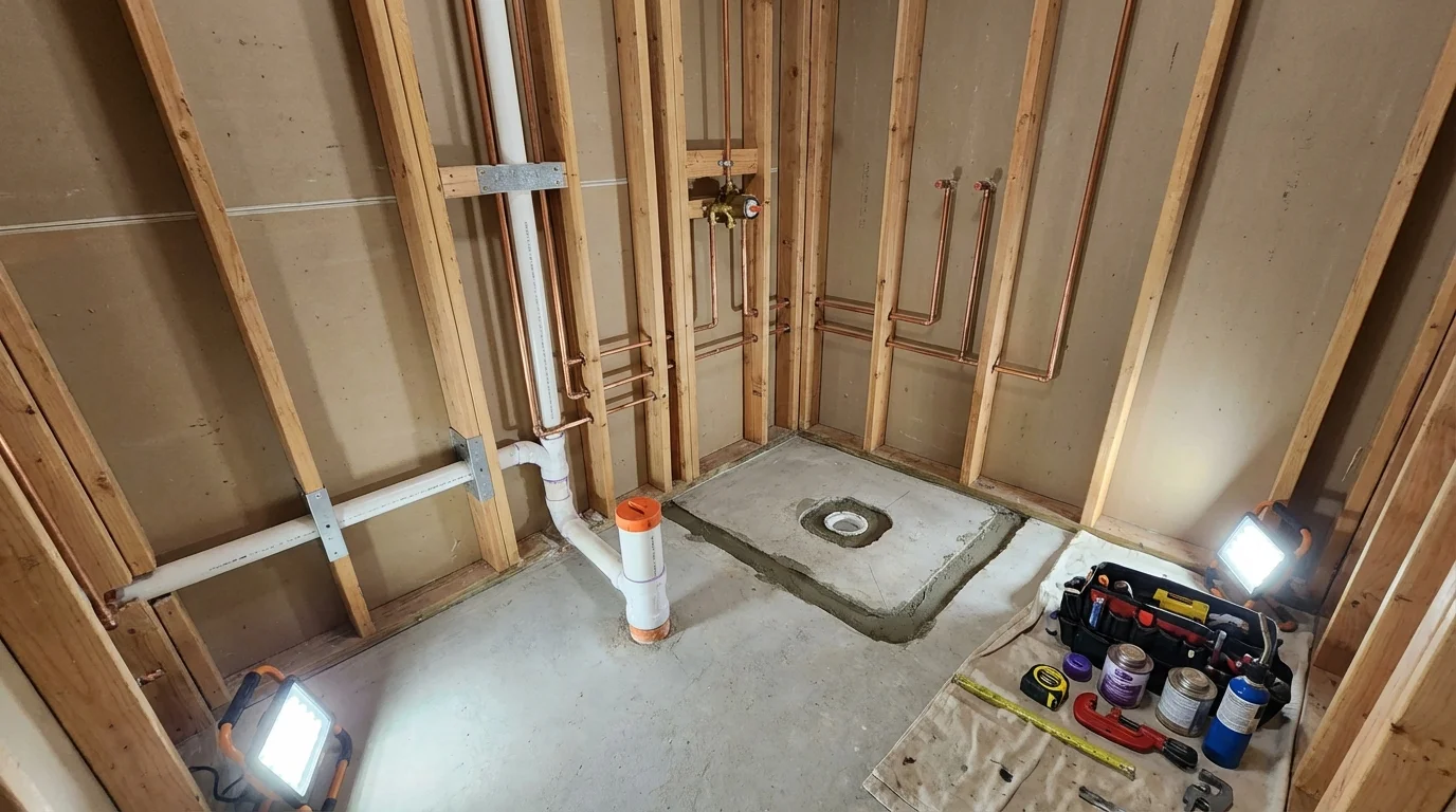Bathroom rough-in plumbing during remodel by Johns Plumbing LLC in Springdale
