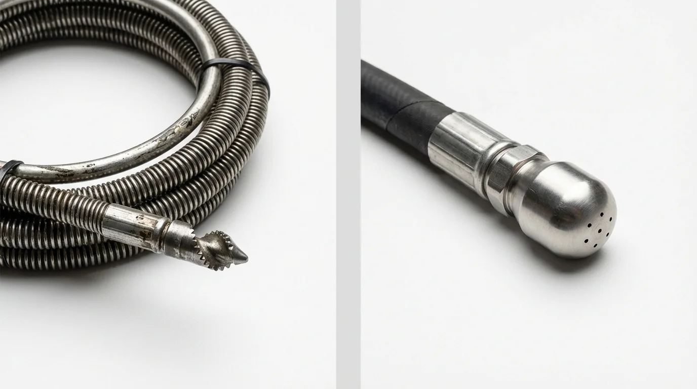 Drain snake cable and hydro jetting nozzle used for drain cleaning in Springdale, AR