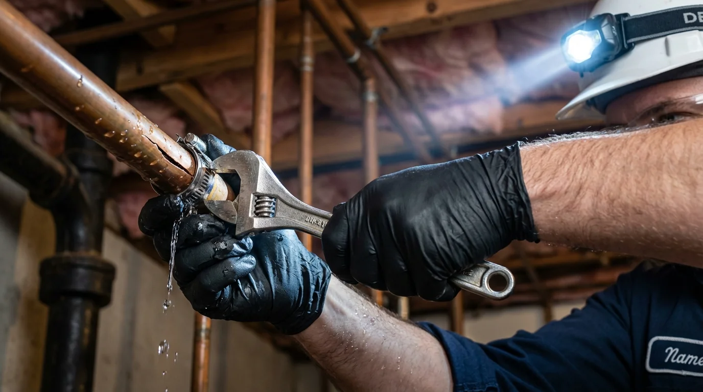 Emergency pipe clamp repair being performed by a Johns Plumbing LLC plumber in Springdale