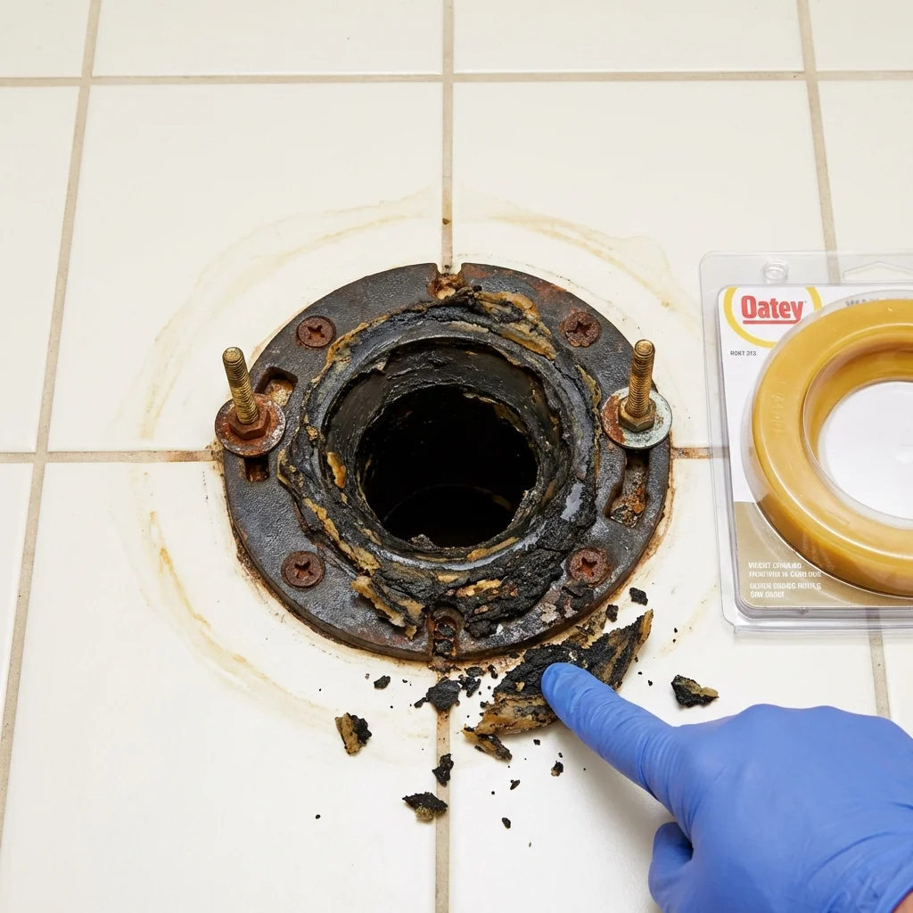 Failed wax ring showing water seepage at the base of a toilet in a Springdale, AR home